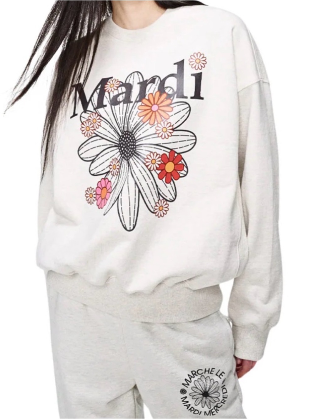 Mardi Mercredi 100% Cotton Cream/Grey Floral Logo Sweatshirt